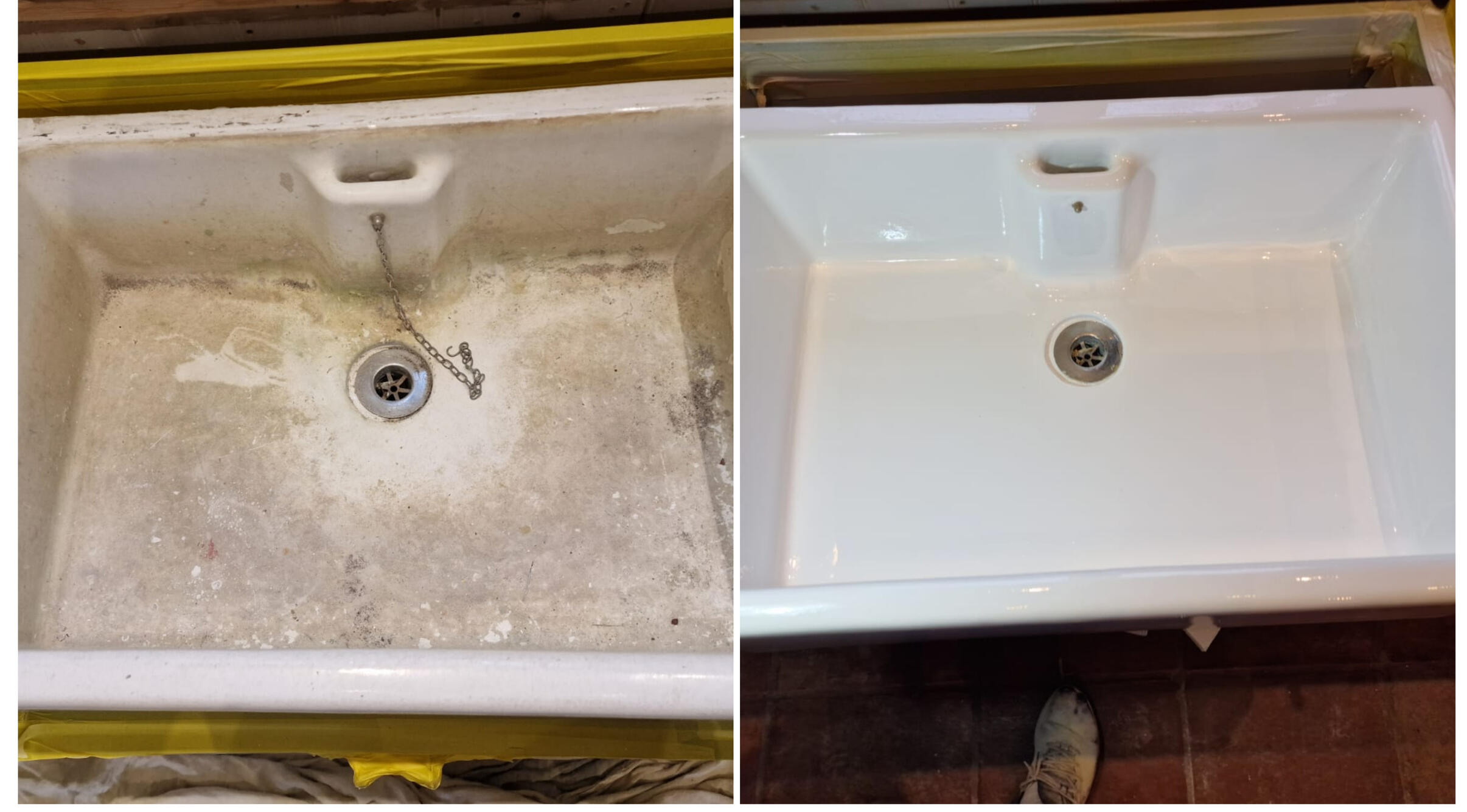BELFAST KITCHEN SINK RESTORED IN Cardiff BEFORE AND AFTER PHOTOS OF A KITCHEN CERAMIC BELFAST SINK, WAS DAMAGED AND FULL OF CHIPS, FULLY RESORED TO A LIKE NEW FINISH IN Cardiff