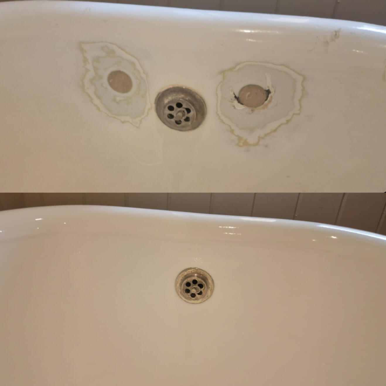 BEFORE AND AFTER PICTURES OF A CAST IRON BATH TAP HOLES FILLED AND REPAIRED BEFORE AND AFTER PICTURES OF A CAST IRON BATH TAP HOLES FILLED AND REPAIRED IN CENTER OF CARDIFF