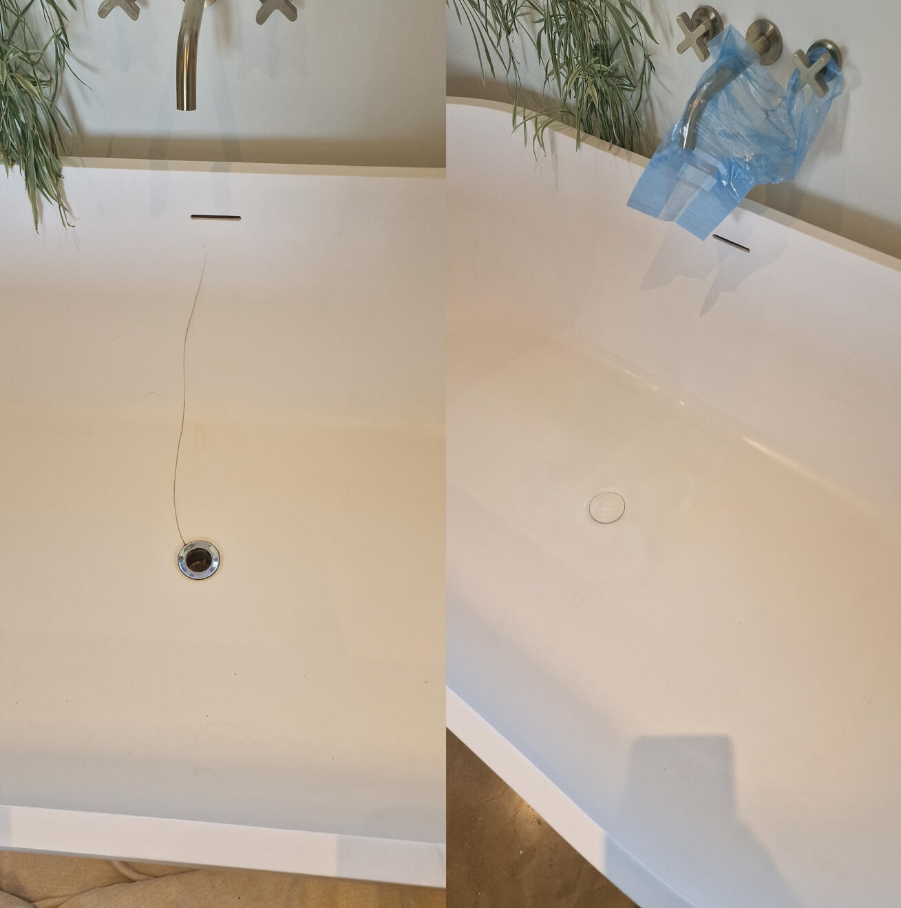 before and after pictures of a stone resin acrylic bath crack repair before and after pictures of a stone resin acrylic bath crack repair in Cardiff home
